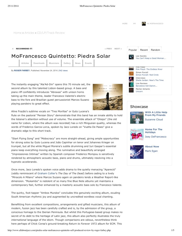 “MoFrancesco Quintetto- Piedra Solar”